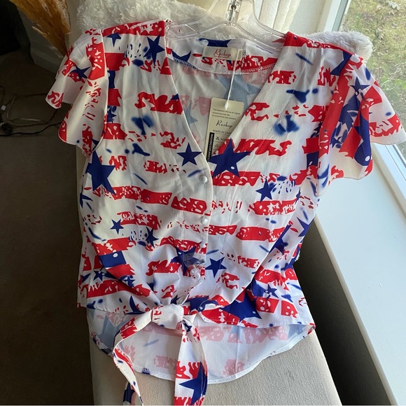 Woman’s Shorts Sleeve Button Down Tie Front Top~Patriot,USA,America,4th July,Etc - Picture 9 of 11